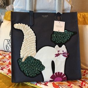 Kate Spade Canvas w/Leather Trim Sequin Cat Kitten & Leaves Large Tote, NWT
